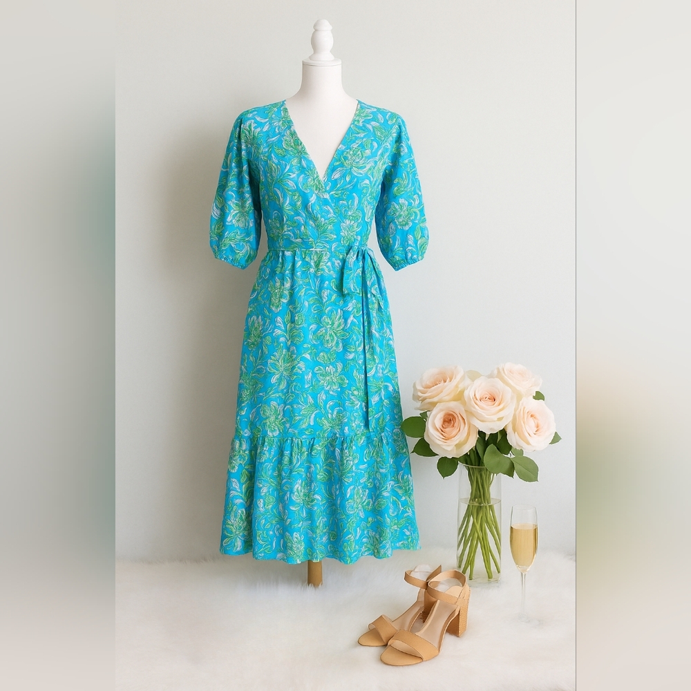 Lilly Pulitzer Brantley Midi Wrap Dress Cumulus Blue Chick Magnet Size Large